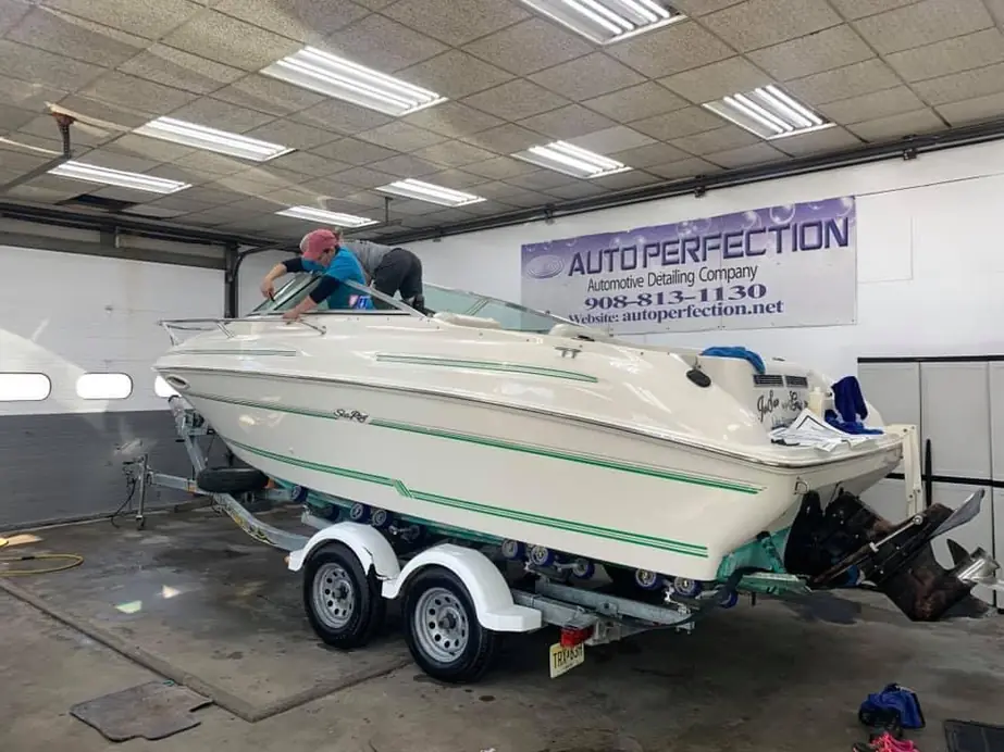 A cruiser being detailed in the bay