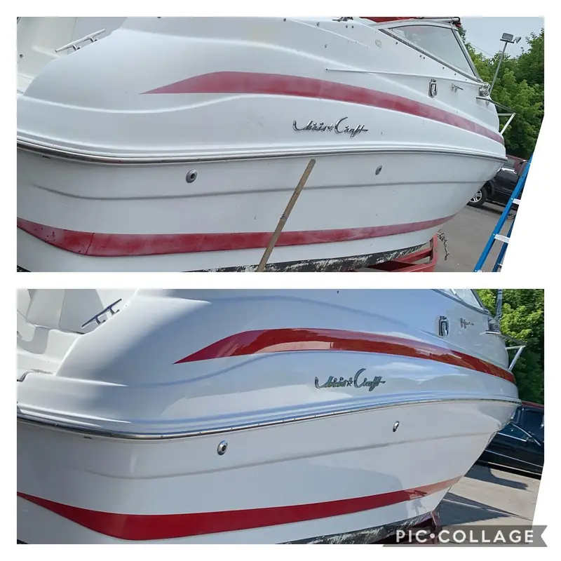 A boat hull before and after wet sanding, shown side by side